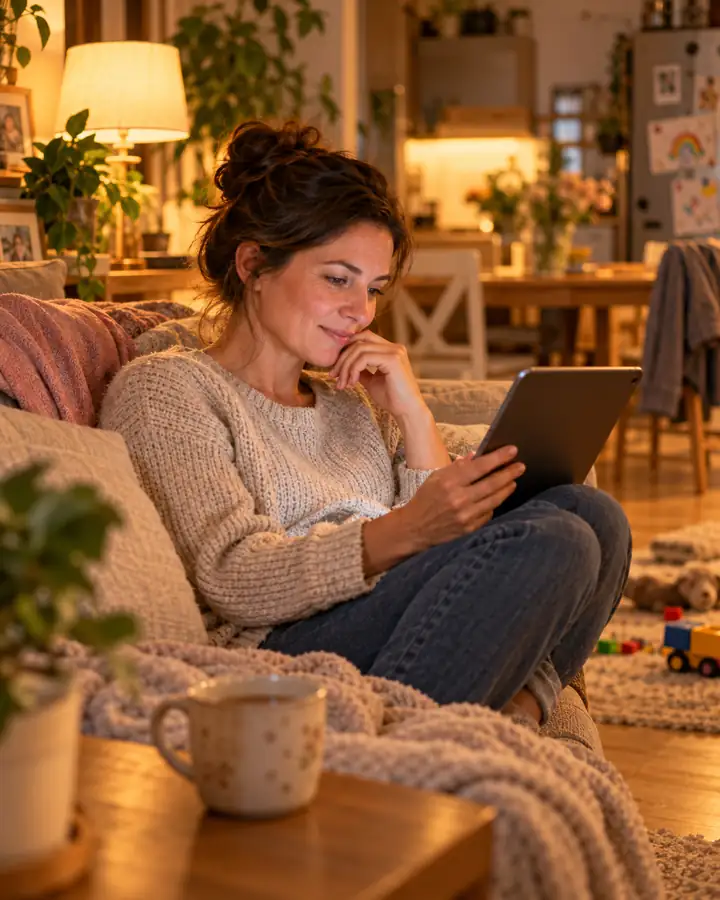 Žena večer doma čte na tabletu o konstelacích
